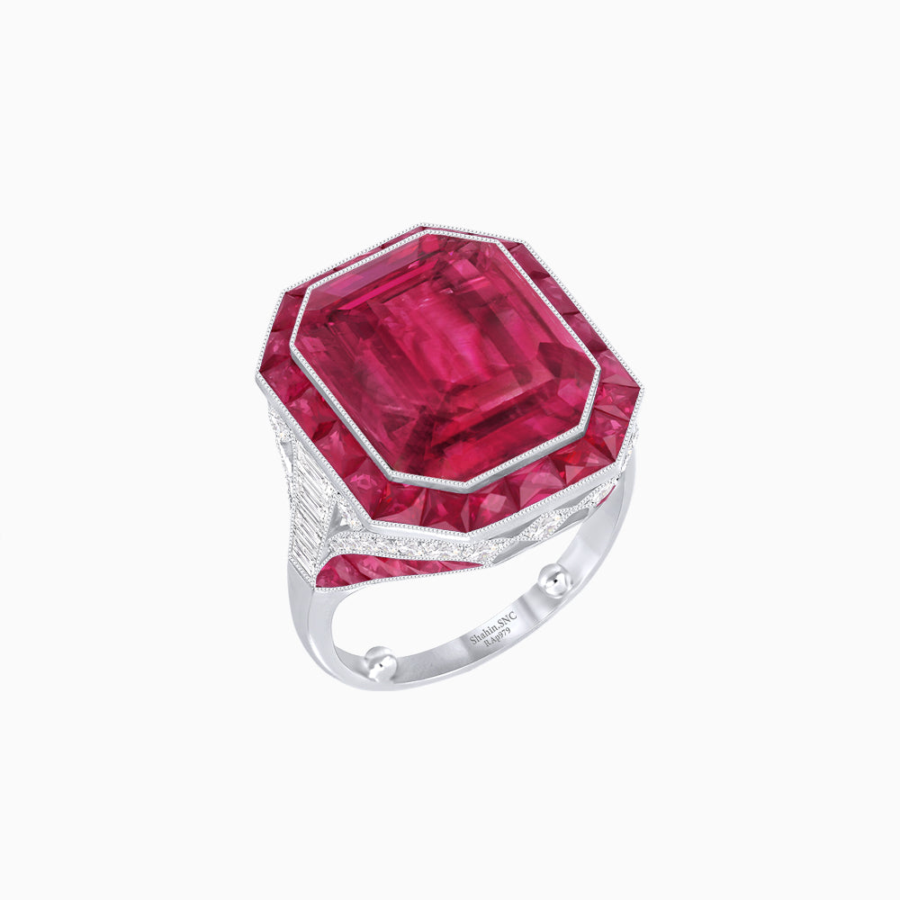 Art Deco Inspired Emerald Cut Ring with Calibré Gemstone Halo