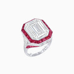 Load image into Gallery viewer, Art Deco Inspired Emerald Cut Ring with Calibré Gemstone Halo