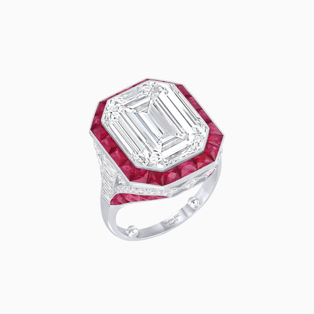 Art Deco Inspired Emerald Cut Ring with Calibré Gemstone Halo