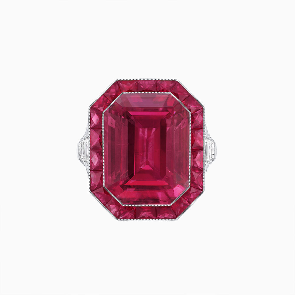 Art Deco Inspired Emerald Cut Ring with Calibré Gemstone Halo