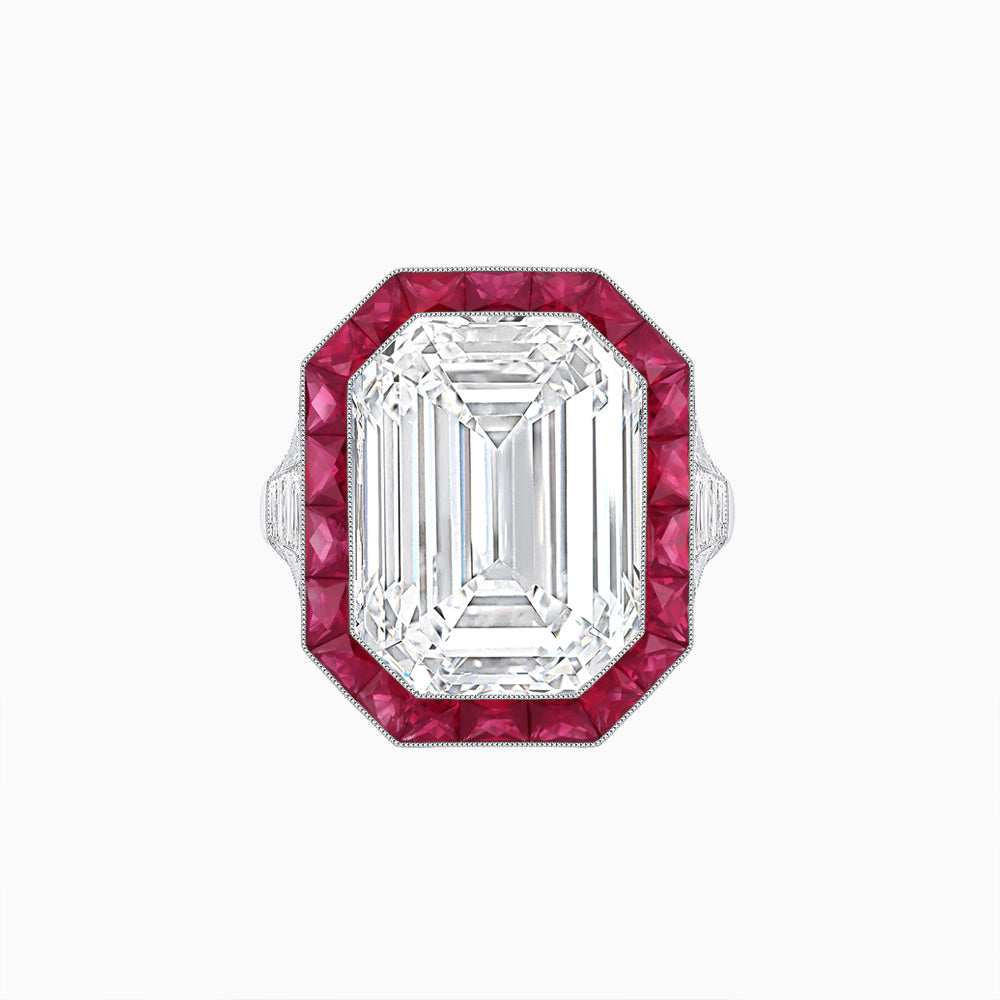 Art Deco Inspired Emerald Cut Ring with Calibré Gemstone Halo