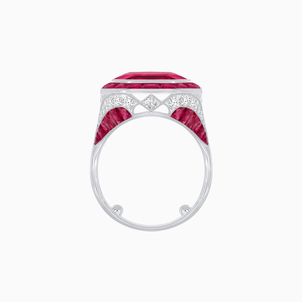 Art Deco Inspired Emerald Cut Ring with Calibré Gemstone Halo
