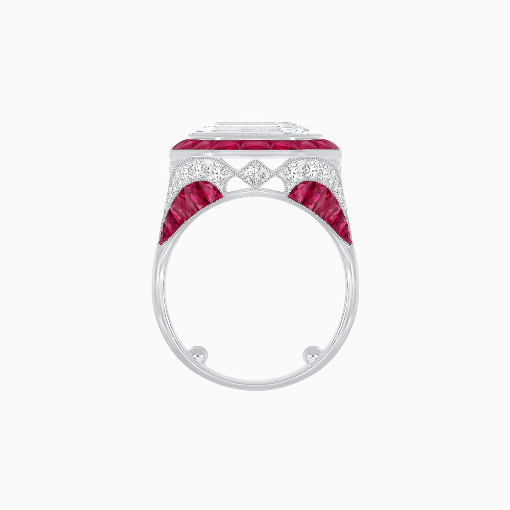 Art Deco Inspired Emerald Cut Ring with Calibré Gemstone Halo