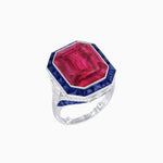 Load image into Gallery viewer, Art Deco Inspired Emerald Cut Ring with Calibré Gemstone Halo