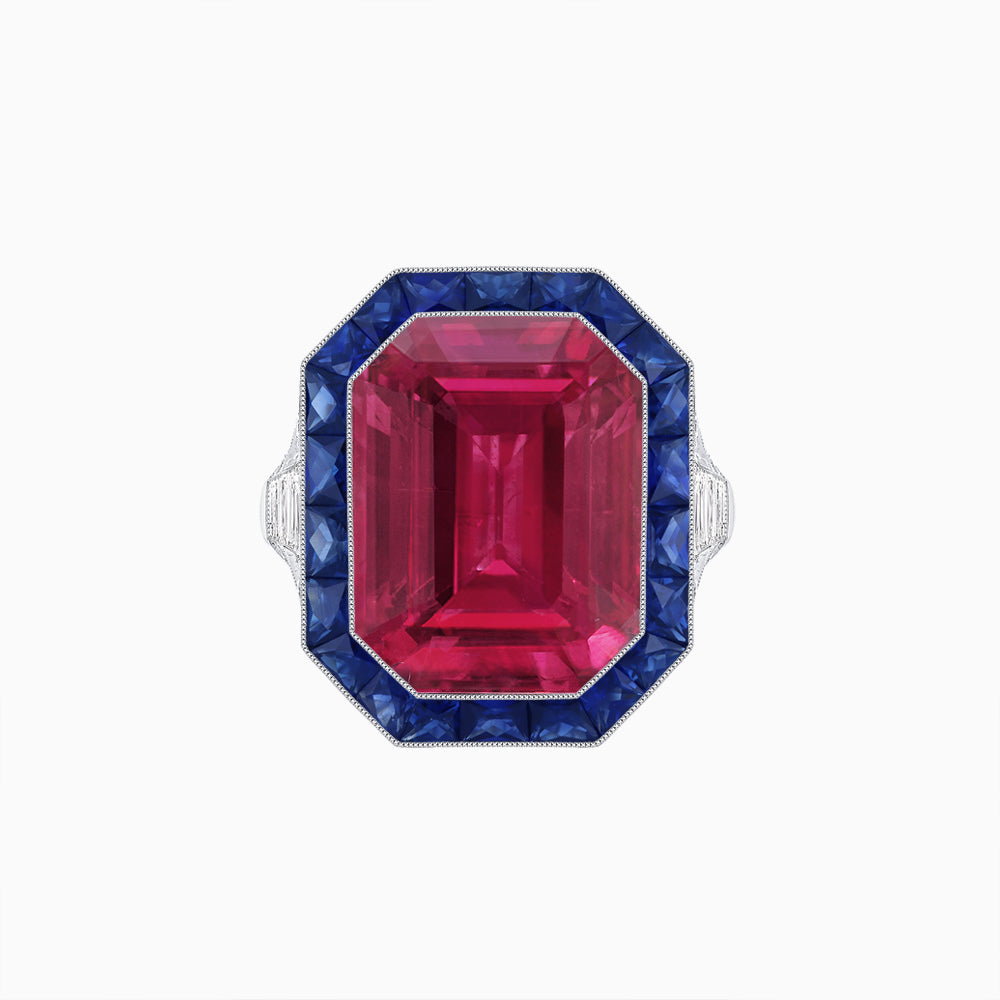 Art Deco Inspired Emerald Cut Ring with Calibré Gemstone Halo