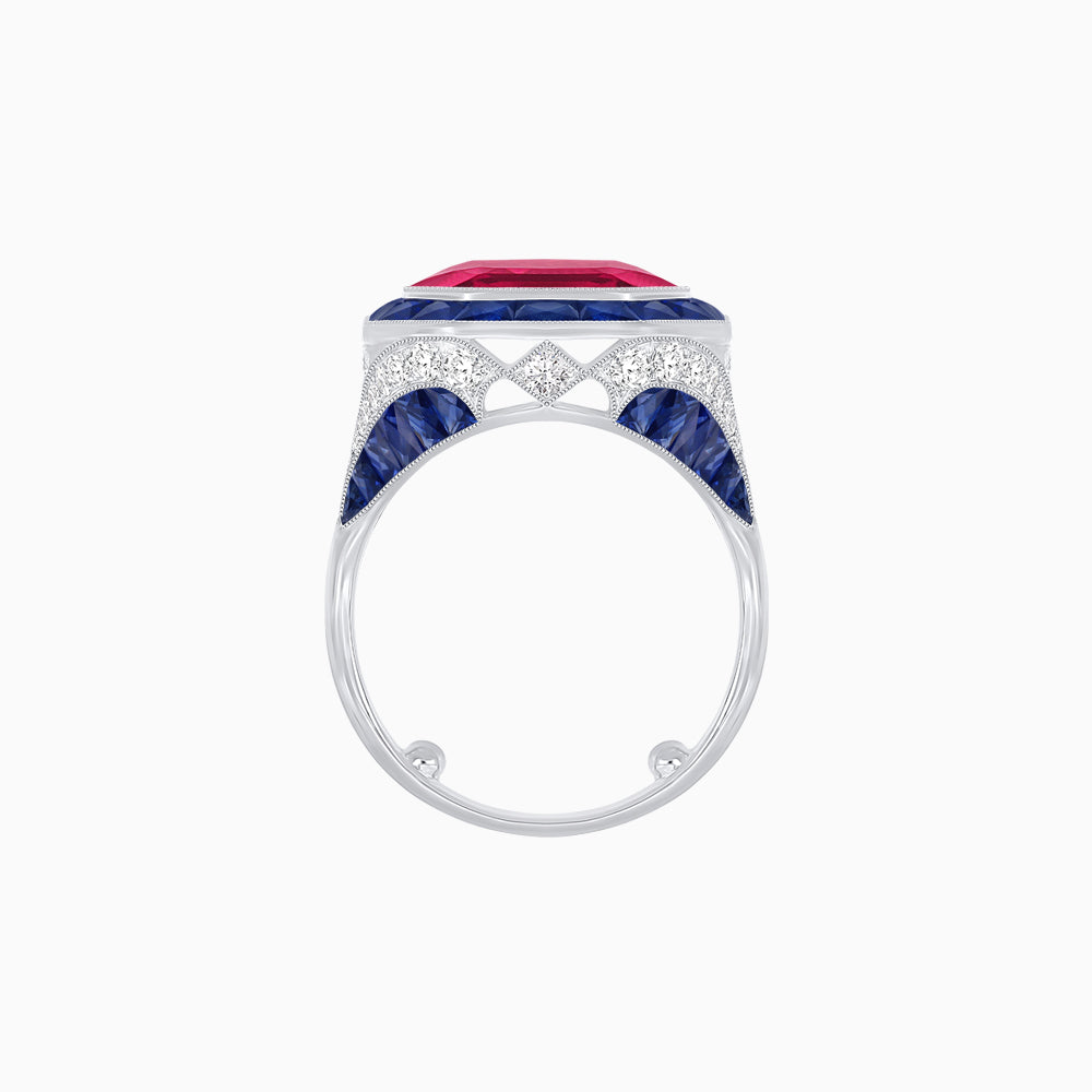 Art Deco Inspired Emerald Cut Ring with Calibré Gemstone Halo