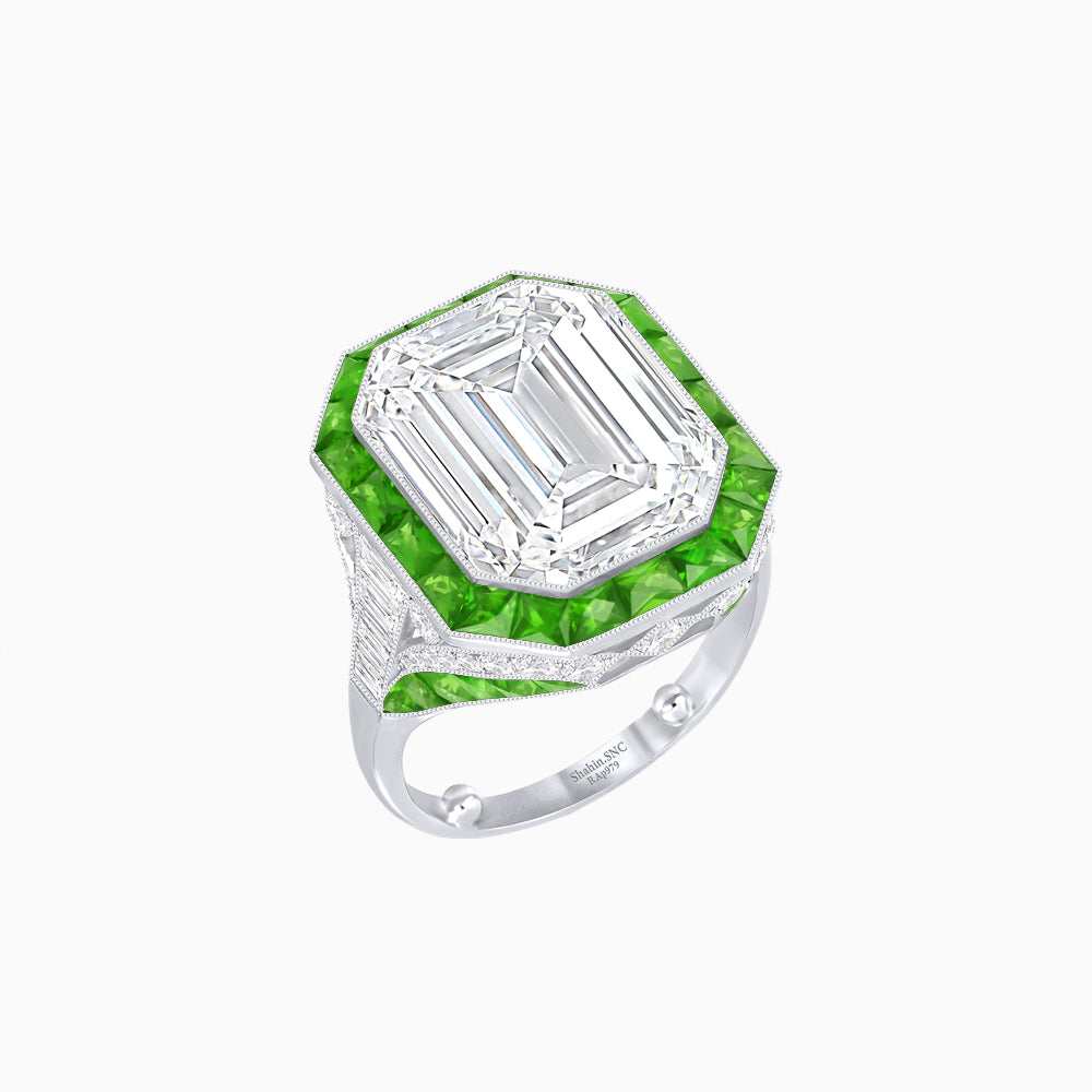 Art Deco Inspired Emerald Cut Ring with Calibré Gemstone Halo