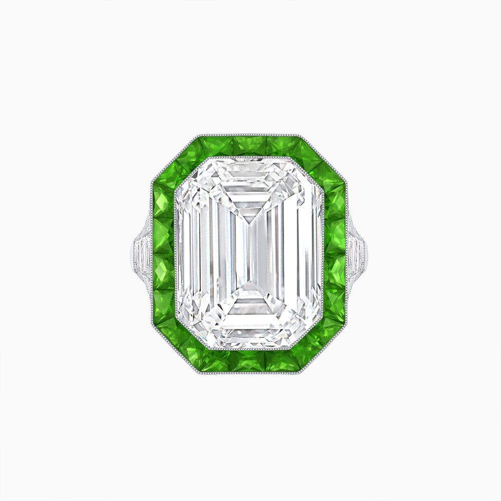 Art Deco Inspired Emerald Cut Ring with Calibré Gemstone Halo