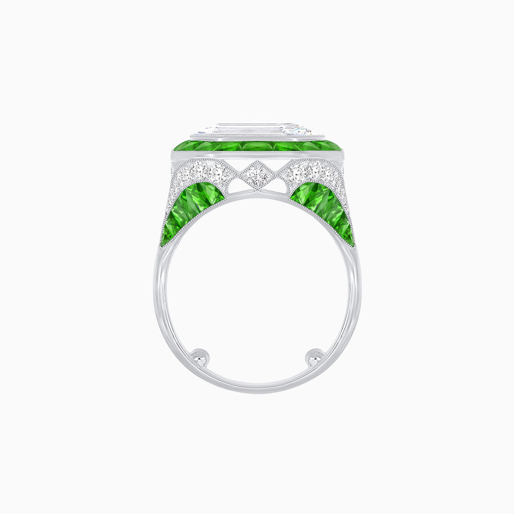 Art Deco Inspired Emerald Cut Ring with Calibré Gemstone Halo