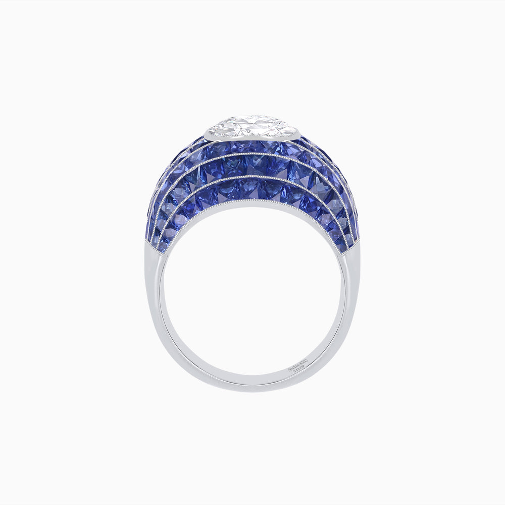 Art Deco Inspired Cushion Cut Center and Invisible-Set Calibré-Cut Dome Ring