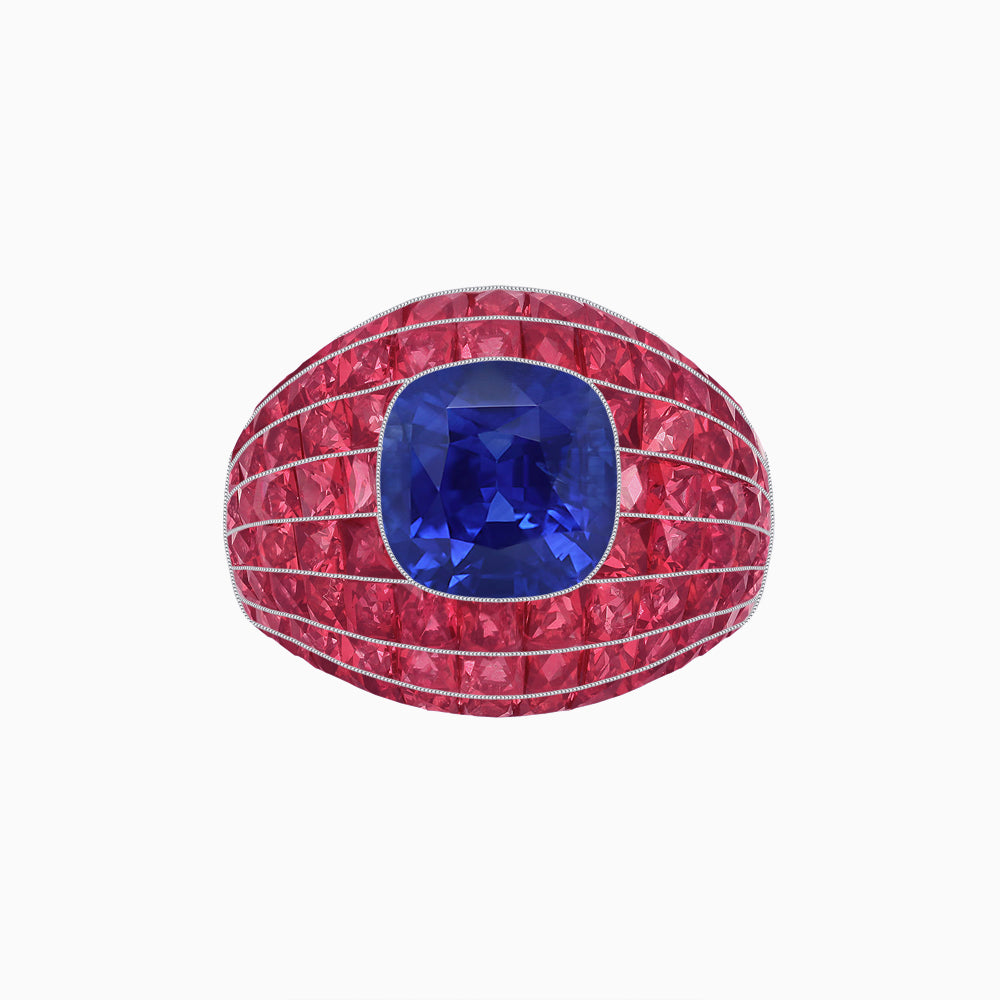 Art Deco Inspired Cushion Cut Center and Invisible-Set Calibré-Cut Dome Ring