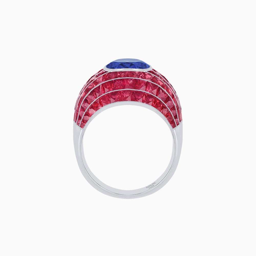 Art Deco Inspired Cushion Cut Center and Invisible-Set Calibré-Cut Dome Ring