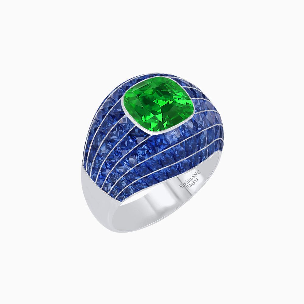 Art Deco Inspired Cushion Cut Center and Invisible-Set Calibré-Cut Dome Ring