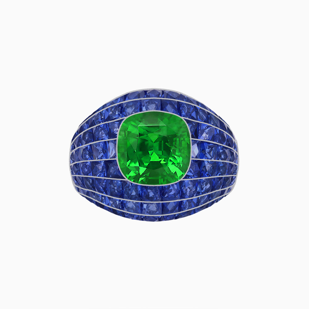 Art Deco Inspired Cushion Cut Center and Invisible-Set Calibré-Cut Dome Ring