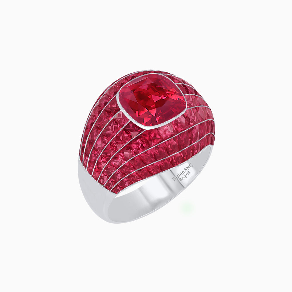 Art Deco Inspired Cushion Cut Center and Invisible-Set Calibré-Cut Dome Ring