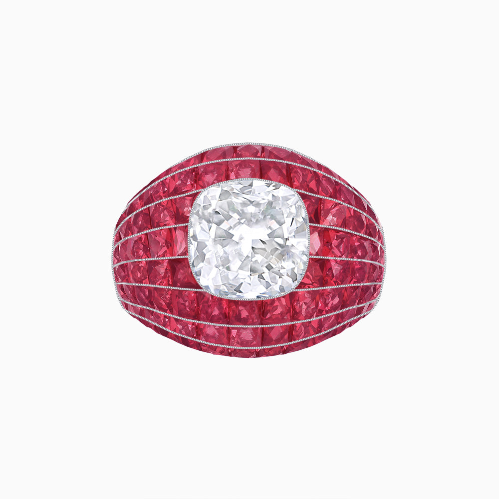 Art Deco Inspired Cushion Cut Center and Invisible-Set Calibré-Cut Dome Ring