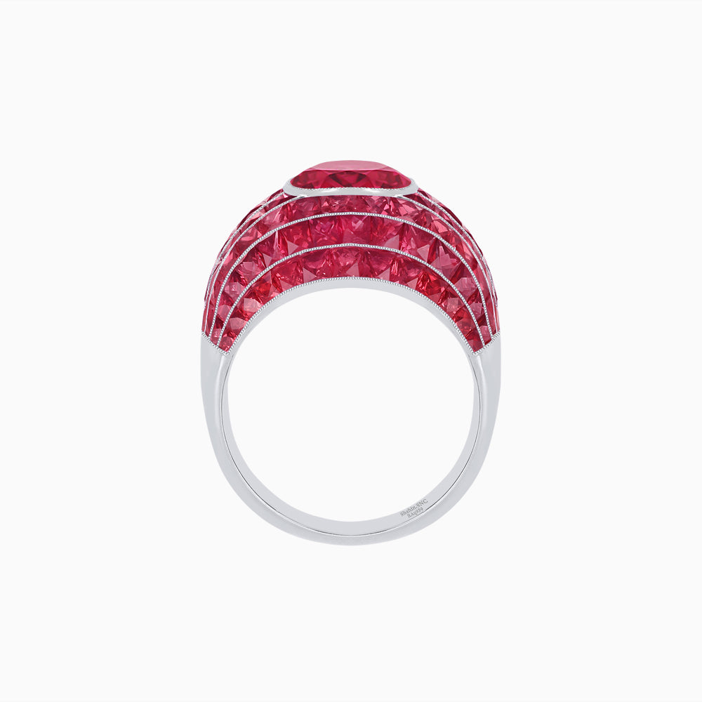 Art Deco Inspired Cushion Cut Center and Invisible-Set Calibré-Cut Dome Ring