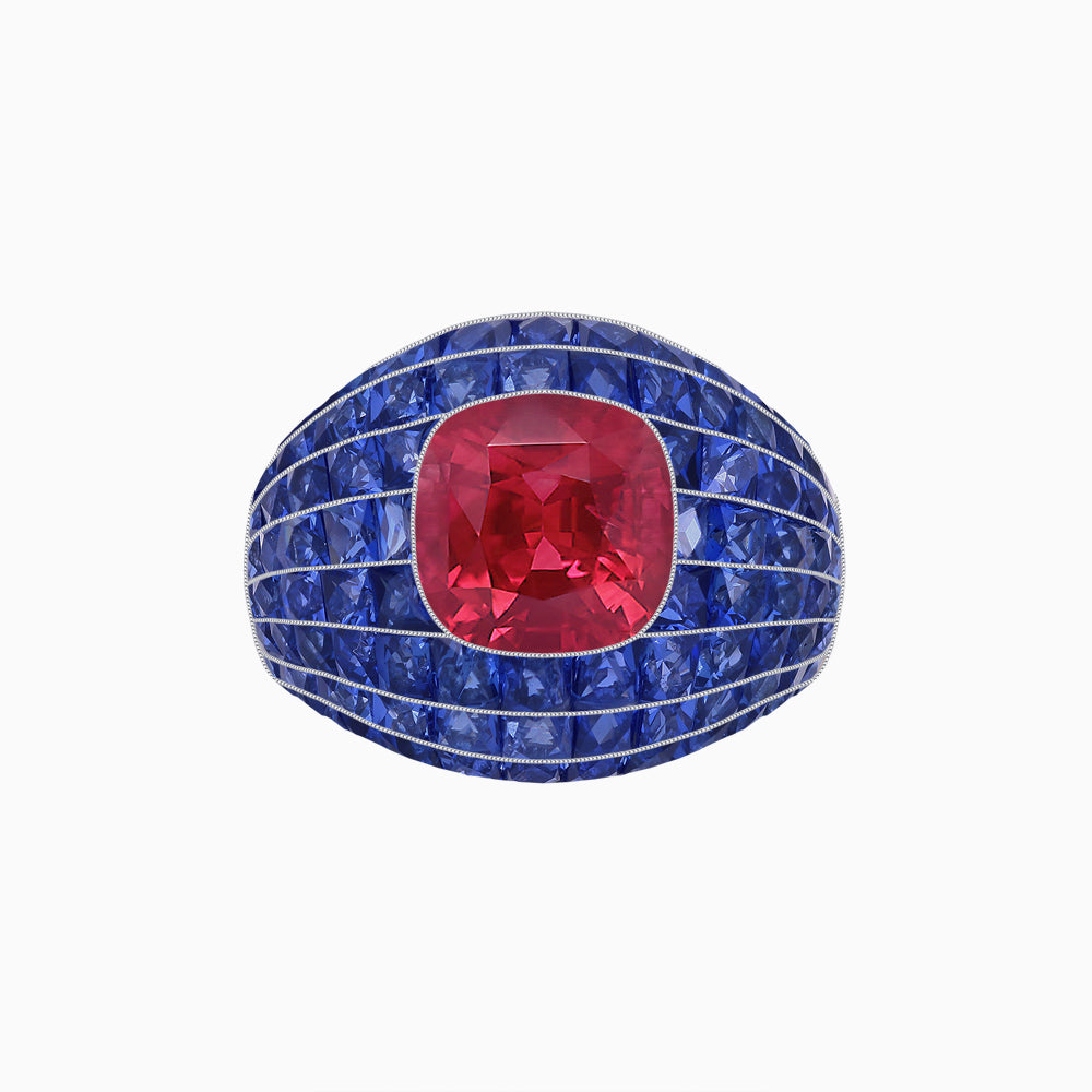 Art Deco Inspired Cushion Cut Center and Invisible-Set Calibré-Cut Dome Ring