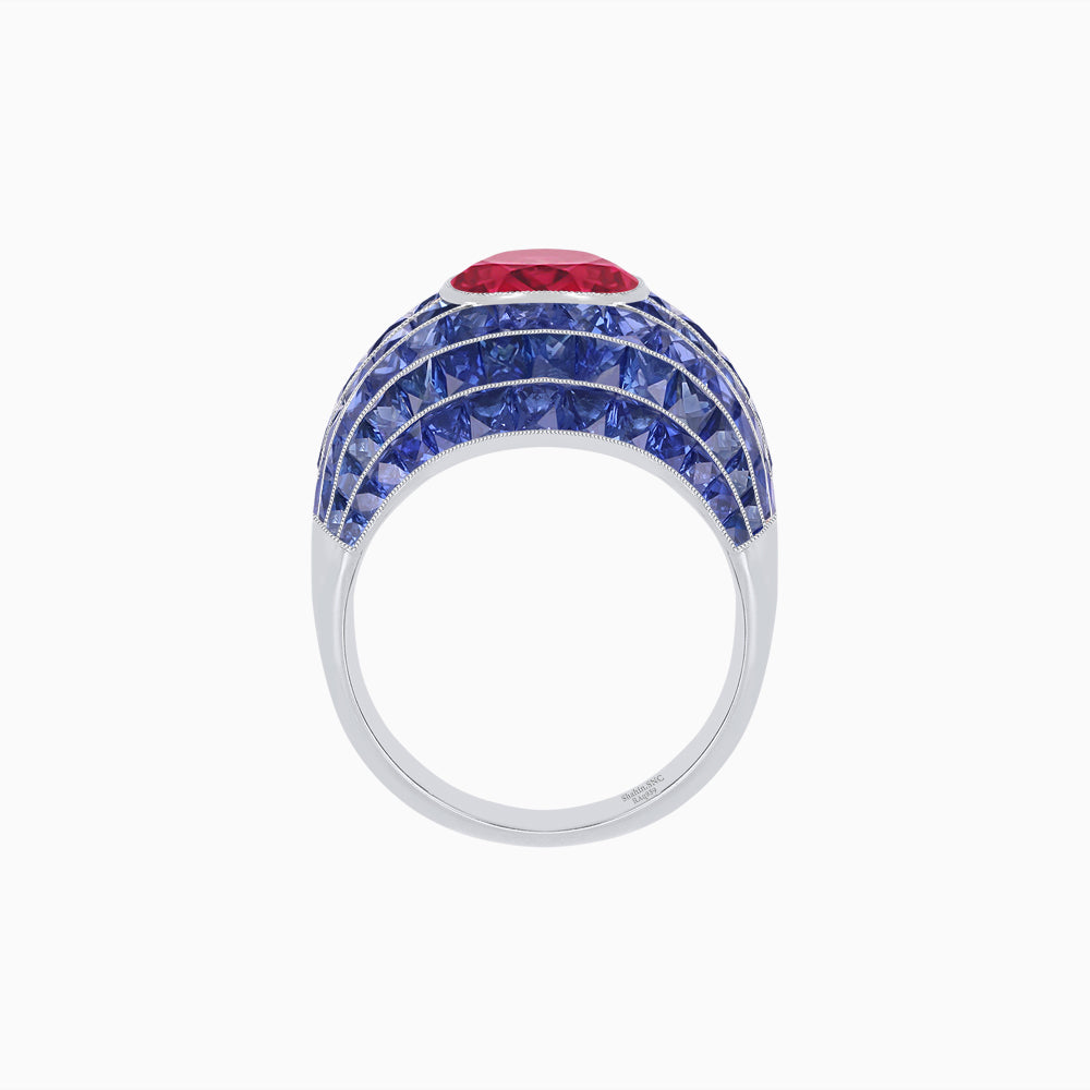 Art Deco Inspired Cushion Cut Center and Invisible-Set Calibré-Cut Dome Ring