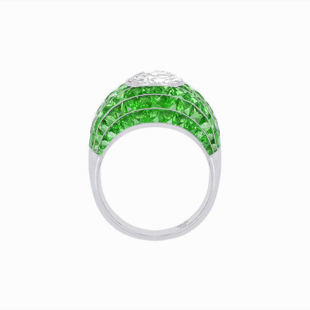Art Deco Inspired Cushion Cut Center and Invisible-Set Calibré-Cut Dome Ring