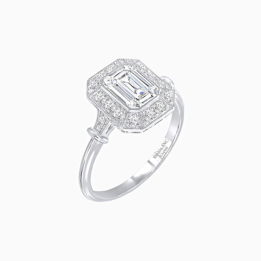 Art Deco Inspired Bezel-Set Emerald Cut Octagonal Halo Ring