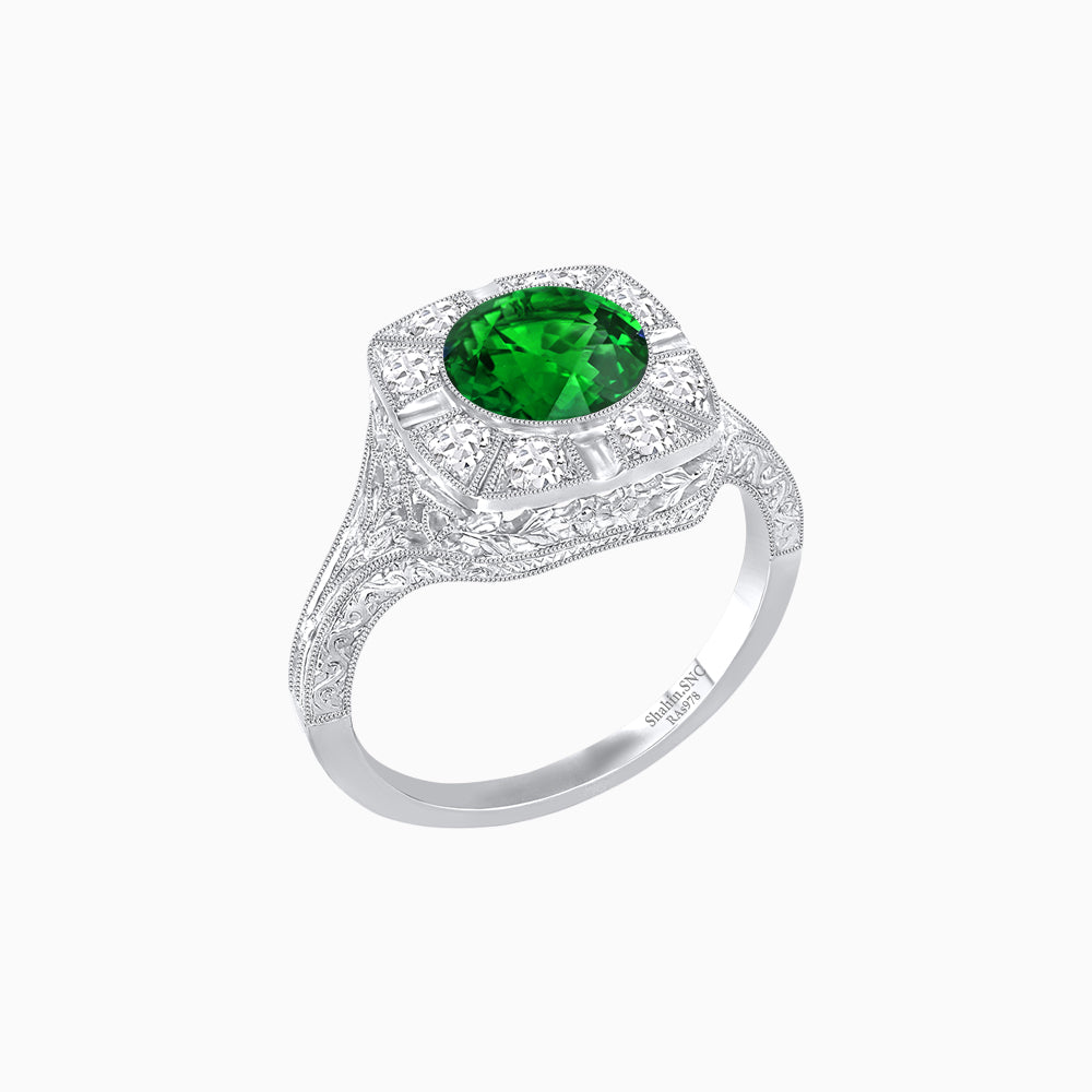 Antique Inspired Round Cut Milgrain Diamond Halo Ring