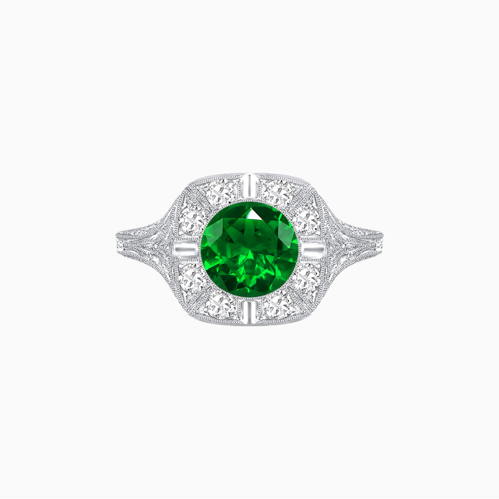 Antique Inspired Round Cut Milgrain Diamond Halo Ring