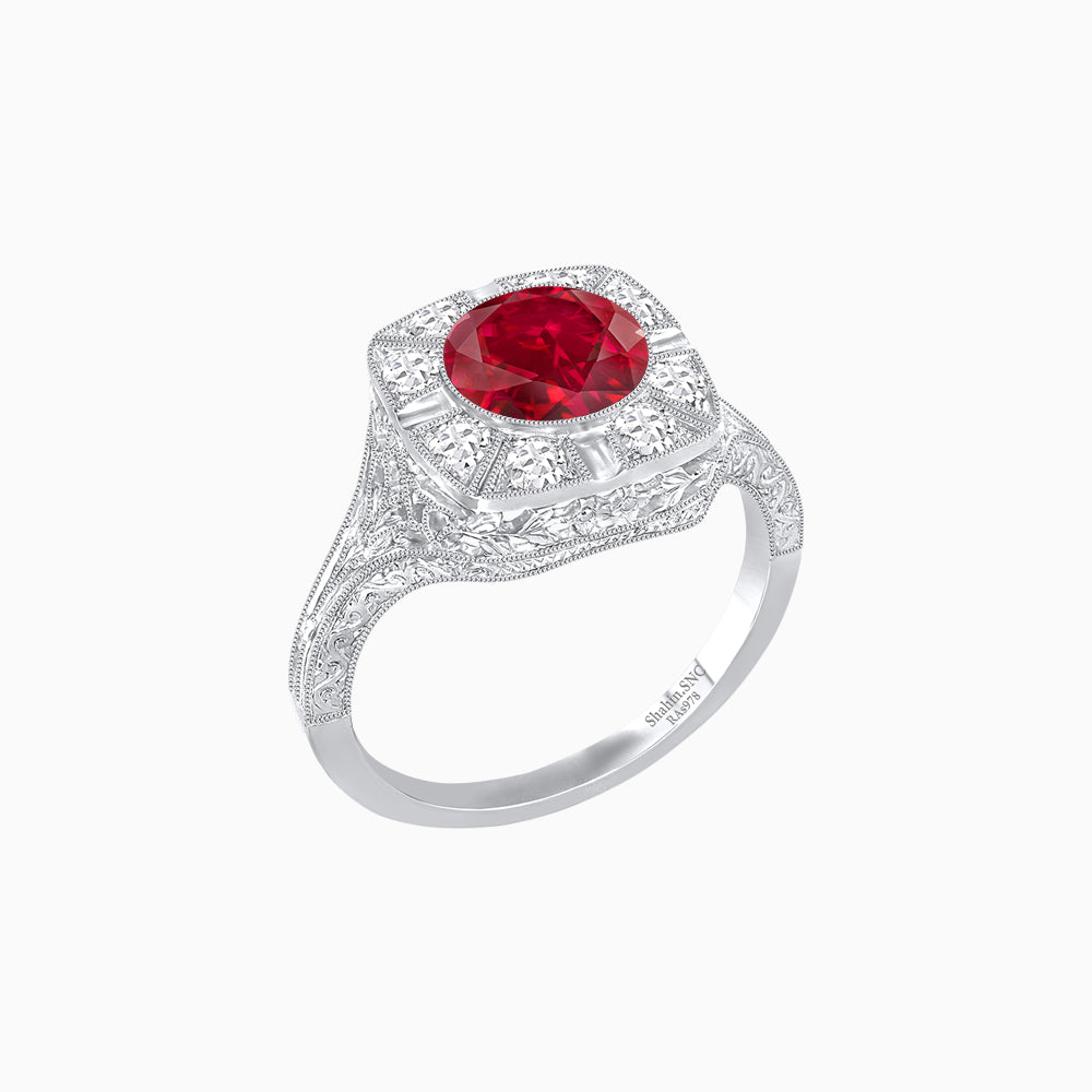 Antique Inspired Round Cut Milgrain Diamond Halo Ring