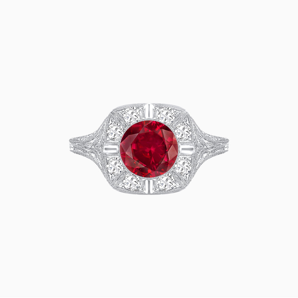 Antique Inspired Round Cut Milgrain Diamond Halo Ring