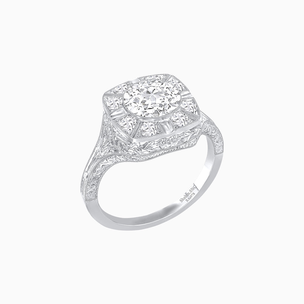 Antique Inspired Round Cut Milgrain Diamond Halo Ring