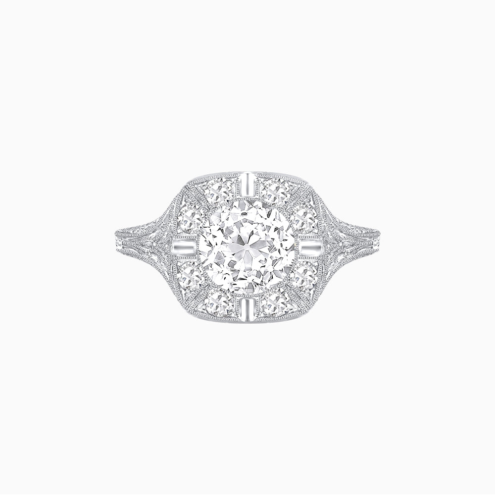 Antique Inspired Round Cut Milgrain Diamond Halo Ring