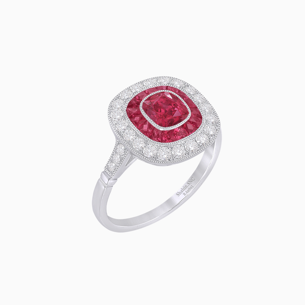 Vintage-Inspired Cushion Halo Diamond Engagement Ring with Gemstone (Mounting)