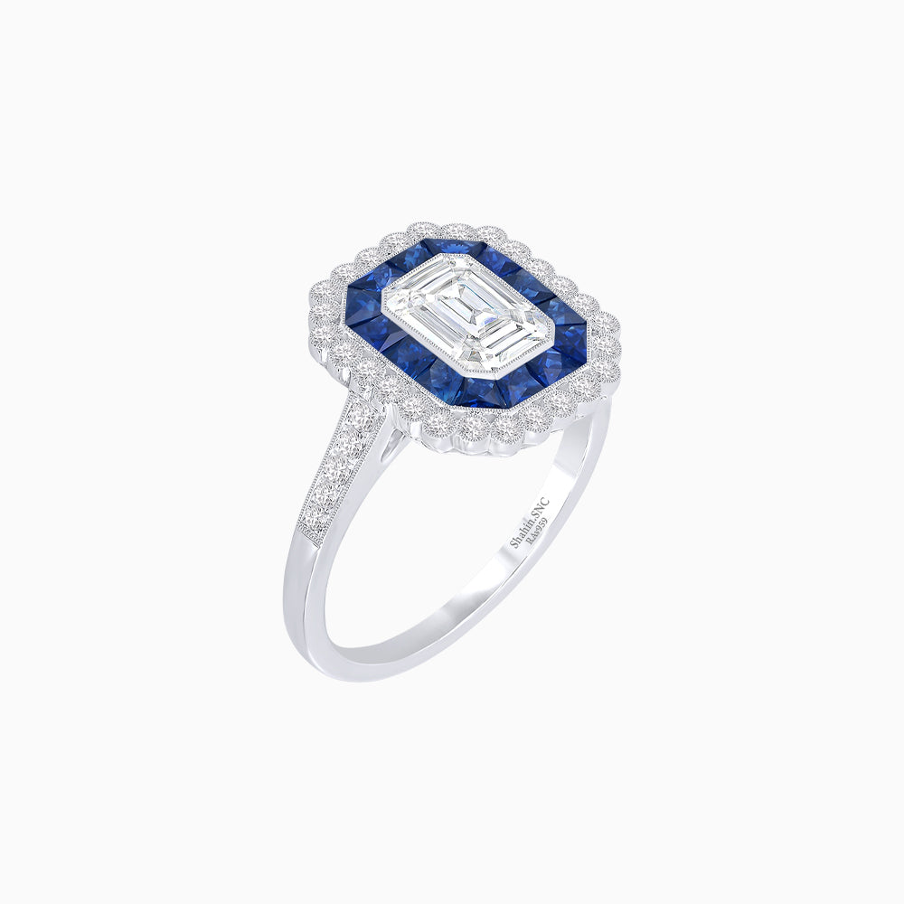 Art Deco Style Mounting Ring with Emerald Cut Center Stone and Calibre-Cut Gemstone Halo