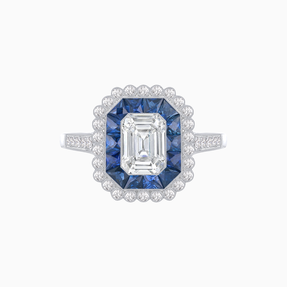 Art Deco Style Mounting Ring with Emerald Cut Center Stone and Calibre-Cut Gemstone Halo