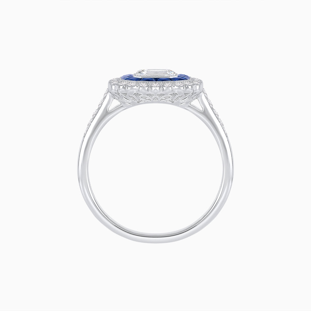 Art Deco Style Mounting Ring with Emerald Cut Center Stone and Calibre-Cut Gemstone Halo