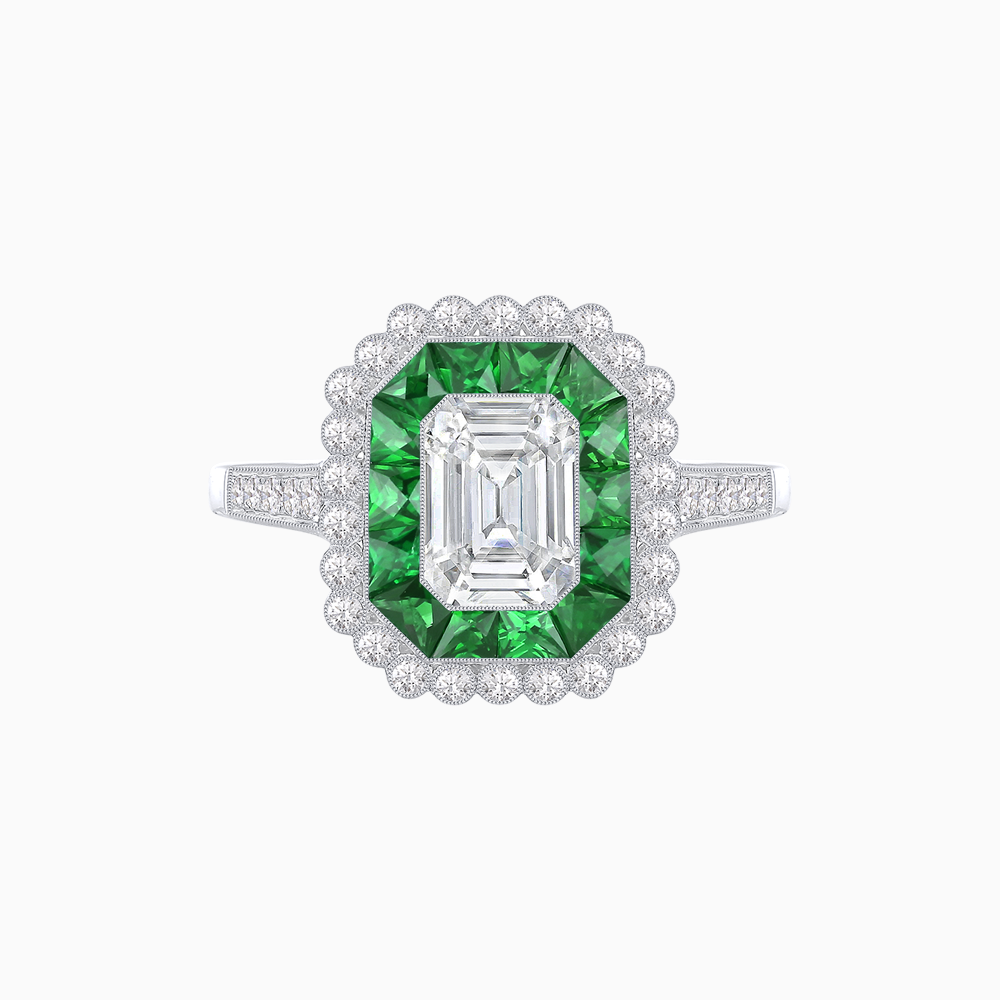 Art Deco Style Mounting Ring with Emerald Cut Center Stone and Calibre-Cut Gemstone Halo