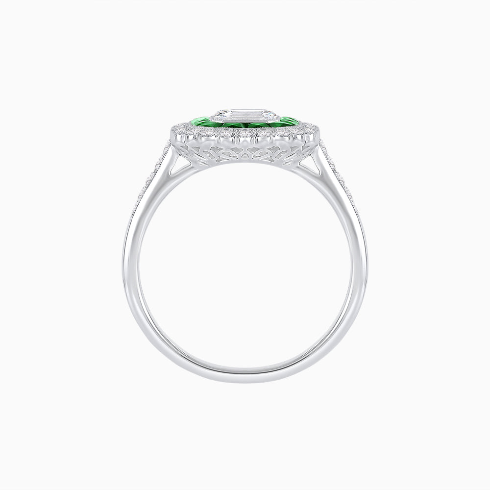 Art Deco Style Mounting Ring with Emerald Cut Center Stone and Calibre-Cut Gemstone Halo