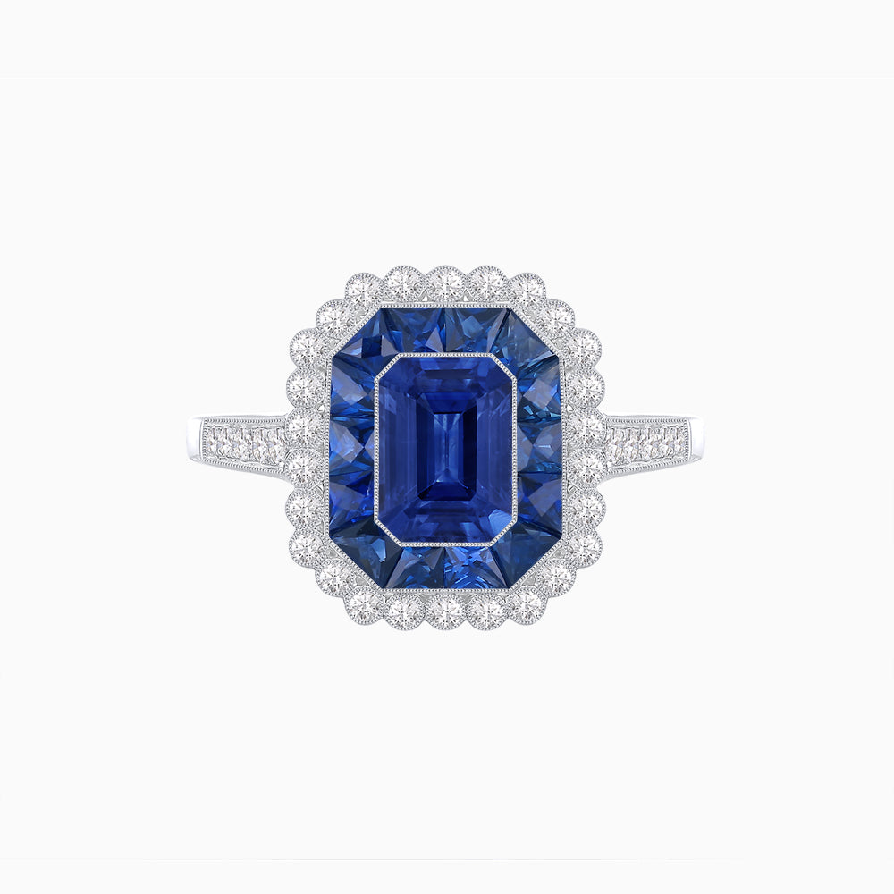 Art Deco Style Mounting Ring with Emerald Cut Center Stone and Calibre-Cut Gemstone Halo