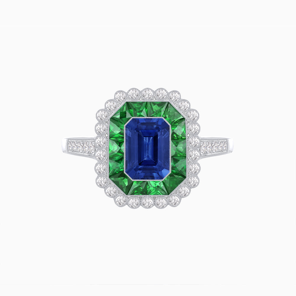 Art Deco Style Mounting Ring with Emerald Cut Center Stone and Calibre-Cut Gemstone Halo