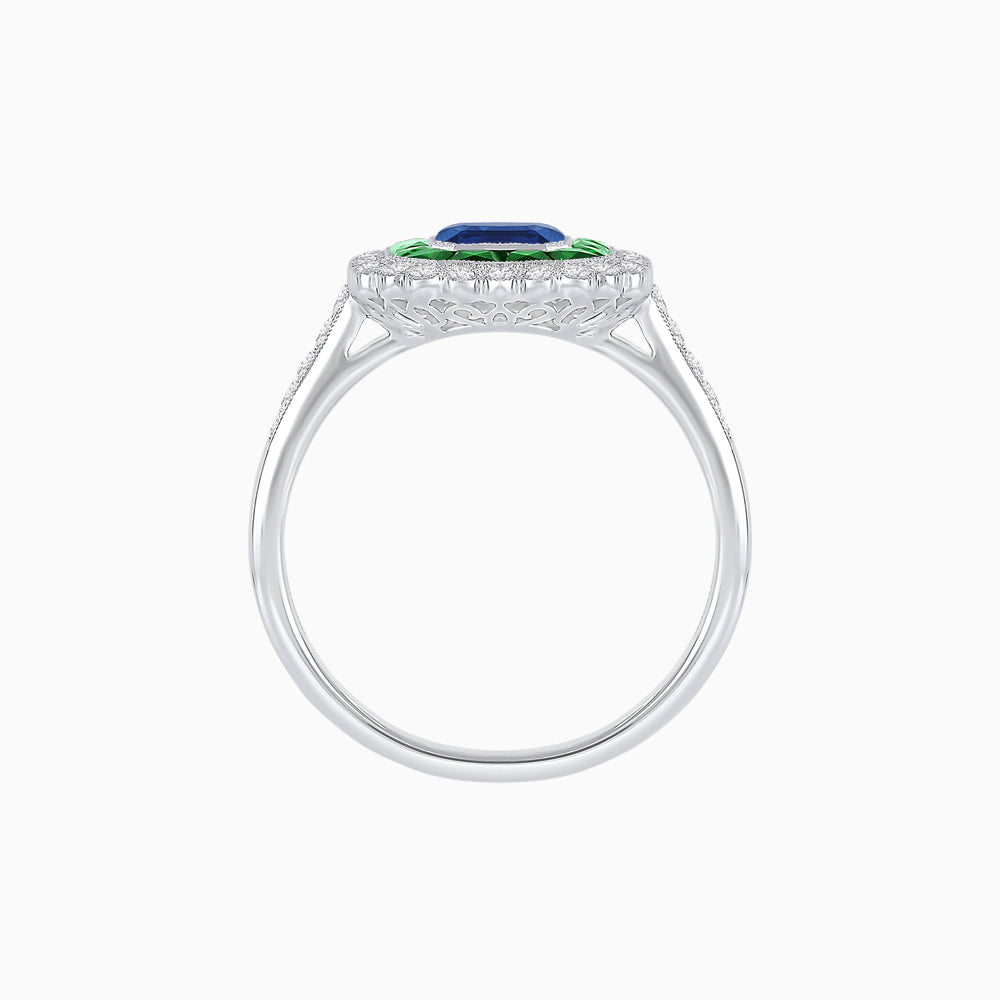 Art Deco Style Mounting Ring with Emerald Cut Center Stone and Calibre-Cut Gemstone Halo