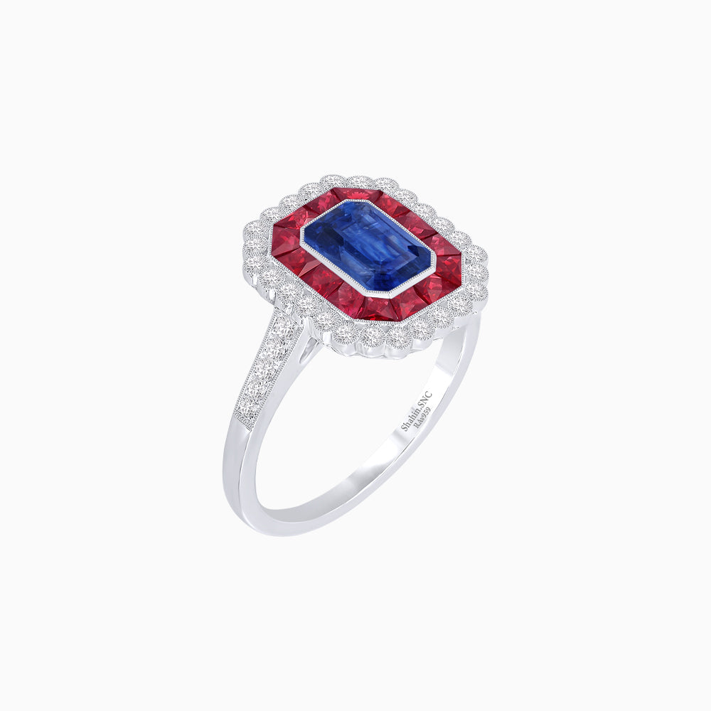 Art Deco Style Mounting Ring with Emerald Cut Center Stone and Calibre-Cut Gemstone Halo