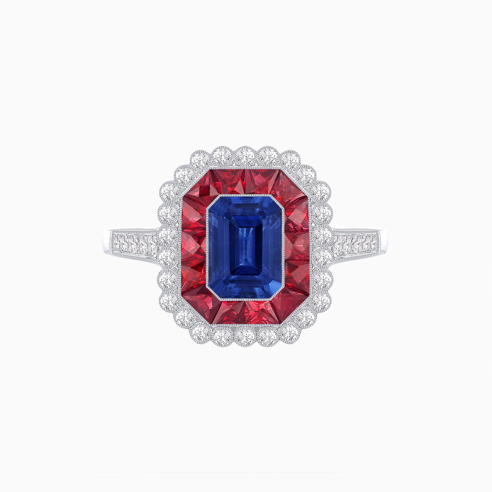 Art Deco Style Mounting Ring with Emerald Cut Center Stone and Calibre-Cut Gemstone Halo