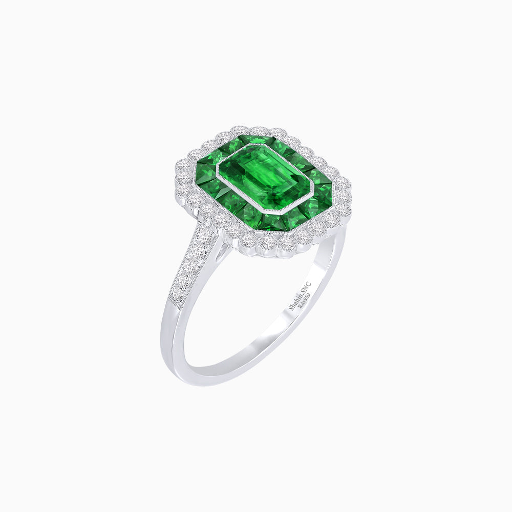 Art Deco Style Mounting Ring with Emerald Cut Center Stone and Calibre-Cut Gemstone Halo