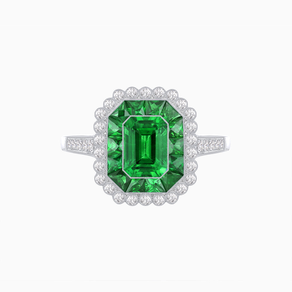 Art Deco Style Mounting Ring with Emerald Cut Center Stone and Calibre-Cut Gemstone Halo