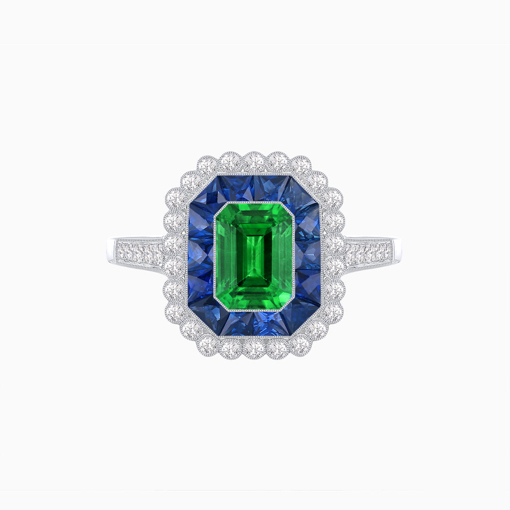 Art Deco Style Mounting Ring with Emerald Cut Center Stone and Calibre-Cut Gemstone Halo