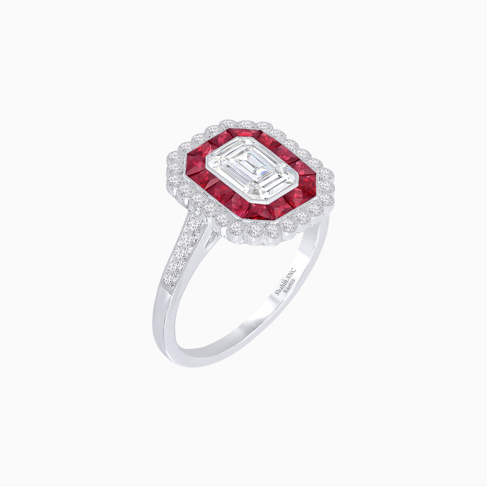 Art Deco Style Mounting Ring with Emerald Cut Center Stone and Calibre-Cut Gemstone Halo