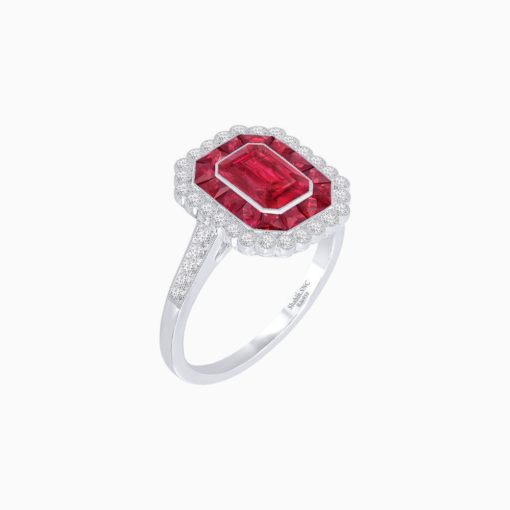 Art Deco Style Mounting Ring with Emerald Cut Center Stone and Calibre-Cut Gemstone Halo