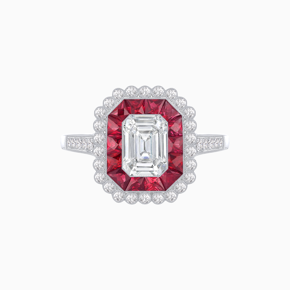 Art Deco Style Mounting Ring with Emerald Cut Center Stone and Calibre-Cut Gemstone Halo