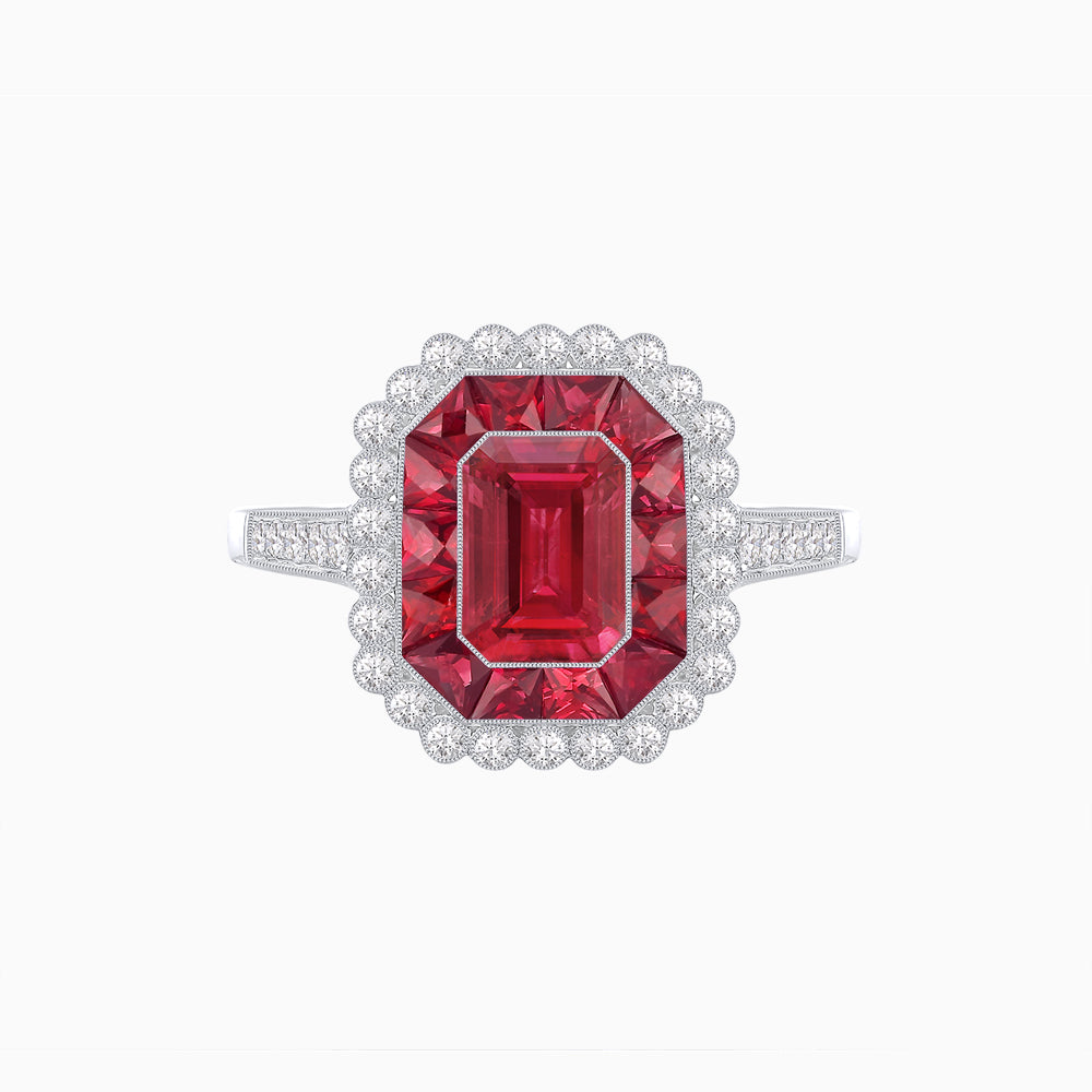 Art Deco Style Mounting Ring with Emerald Cut Center Stone and Calibre-Cut Gemstone Halo