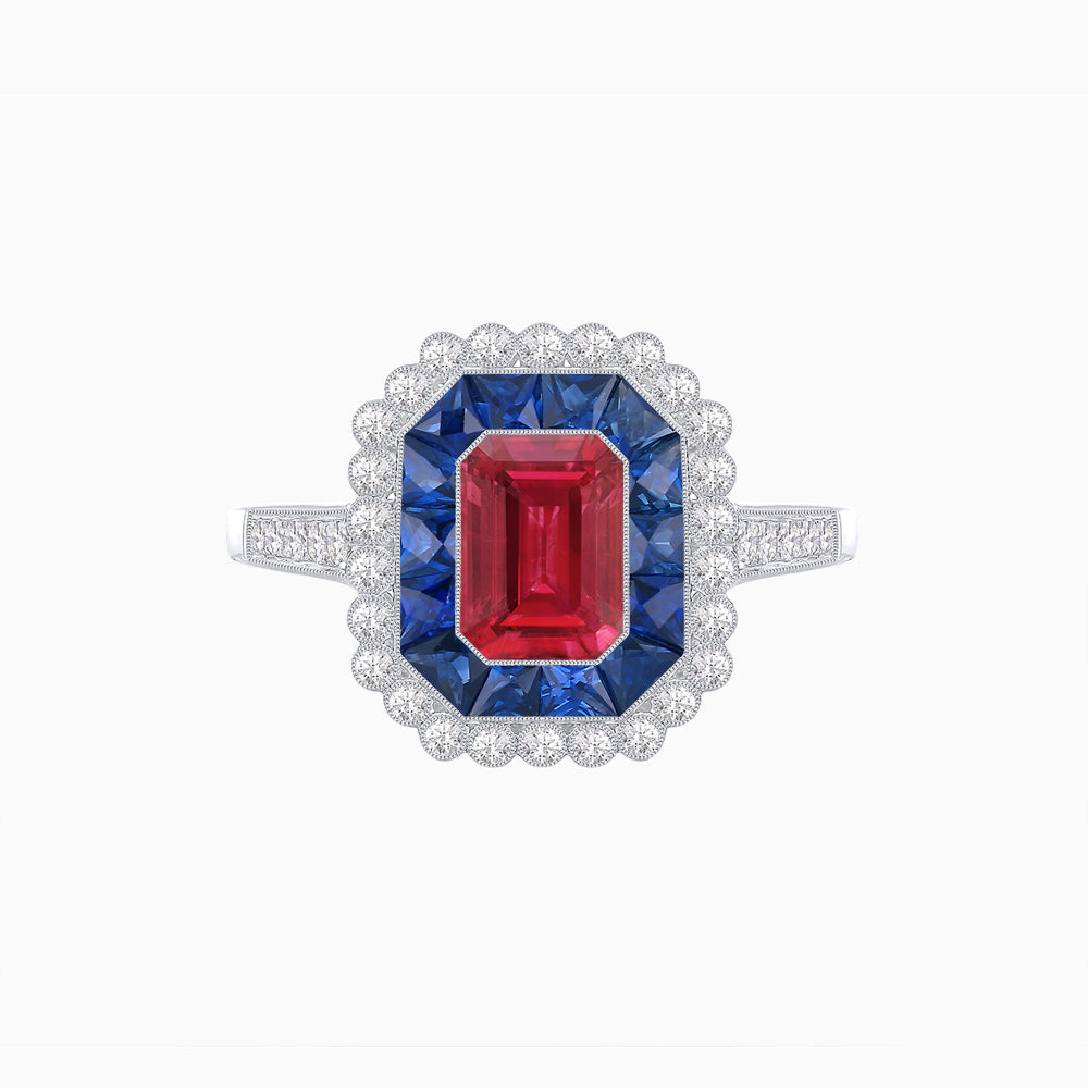 Art Deco Style Mounting Ring with Emerald Cut Center Stone and Calibre-Cut Gemstone Halo